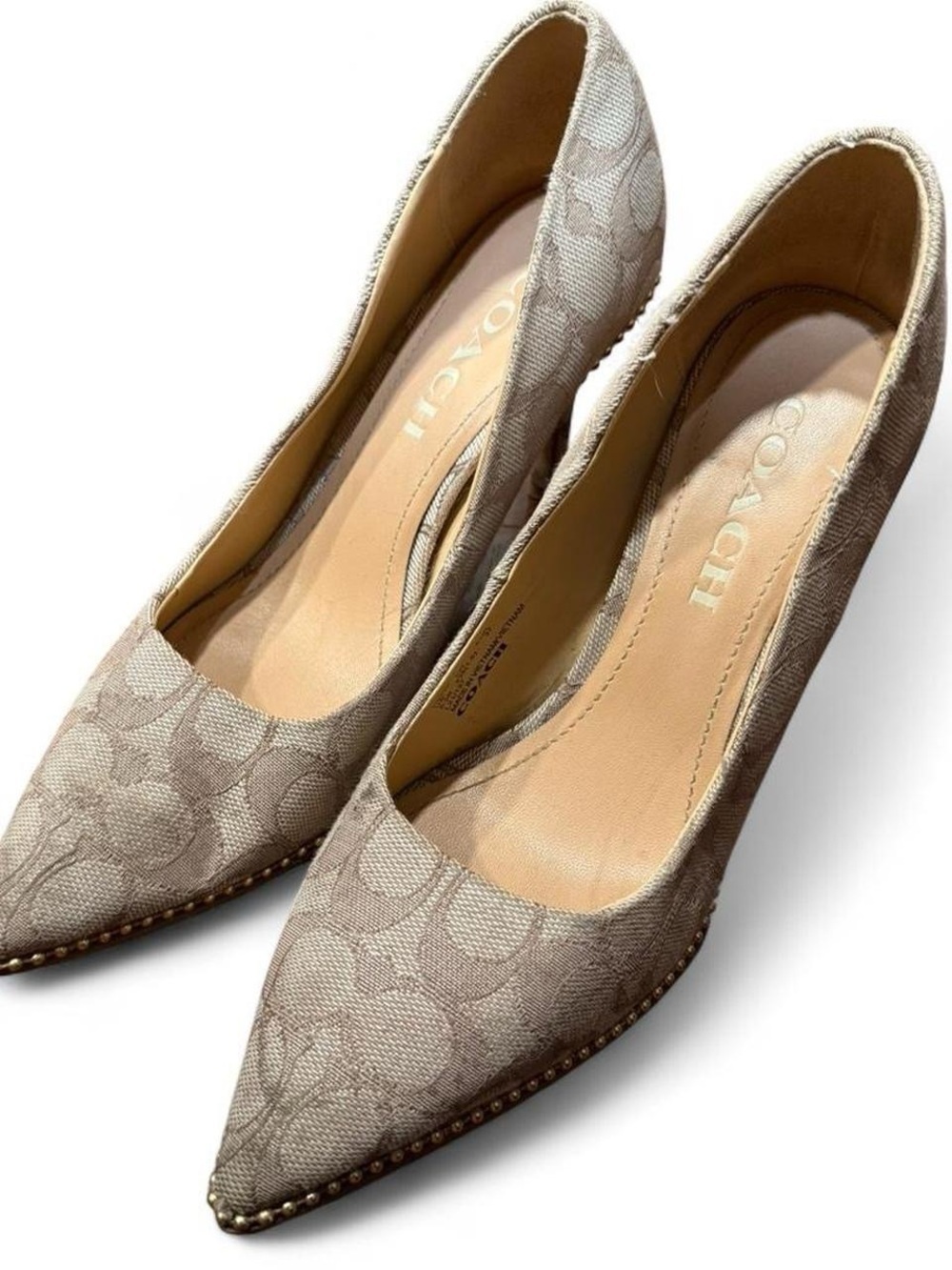 Coach Waverly Pointed Toe Pump Monogram Canvas Heels